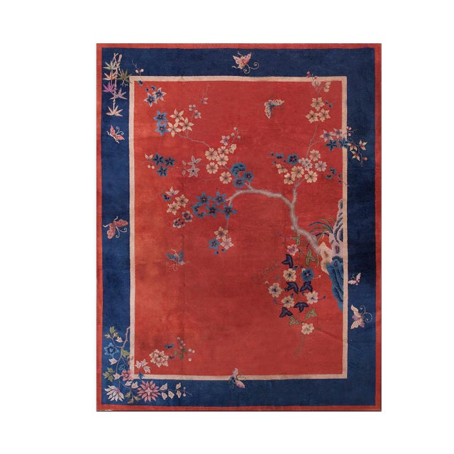 Art Deco 1920s Red Blue Floral Antique Chinese Art Deco Rug 8'10" X 11'8" Handknotted Wool Carpet For Sale - Image 3 of 6