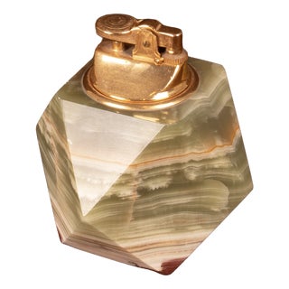 Italian Geometric Green Onyx and Brass Table Lighter, 1970 For Sale