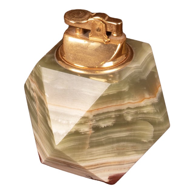 Italian Geometric Green Onyx and Brass Table Lighter, 1970 For Sale