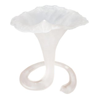 Vintage French Art Nouveau Style Lily Flower Shaped White Frosted Glass Vase For Sale
