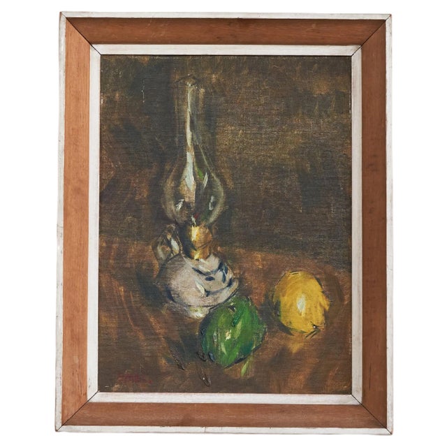 Gustave de Smet, Still Life with Oil Lamp and Fruit, Oil on Panel, 1930s, Framed For Sale