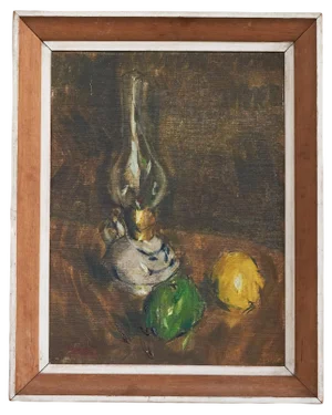 Gustave de Smet, Still Life with Oil Lamp and Fruit, Oil on Panel, 1930s, Framed
