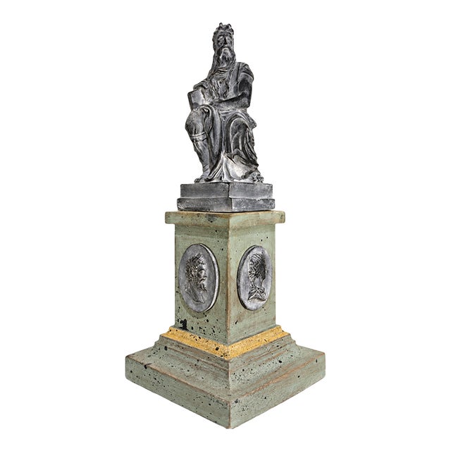 Italian Grand Tour Style Statue of Moses Figure After Michelangelo on the Classical Pedestal With Intaglios For Sale
