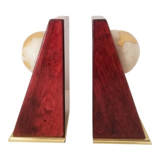 Vintage Mahogany and Brass Marbled Globe Bookends - a Pair For Sale