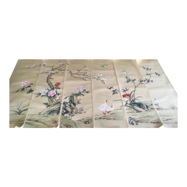 Collectible Vintage Chinese Export Hand-Painted Gracie Wallpaper Six Panels Chinoiserie Birds and Flowers For Sale
