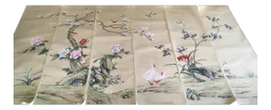 Collectible Vintage Chinese Export Hand-Painted Gracie Wallpaper Six Panels Chinoiserie Birds and Flowers