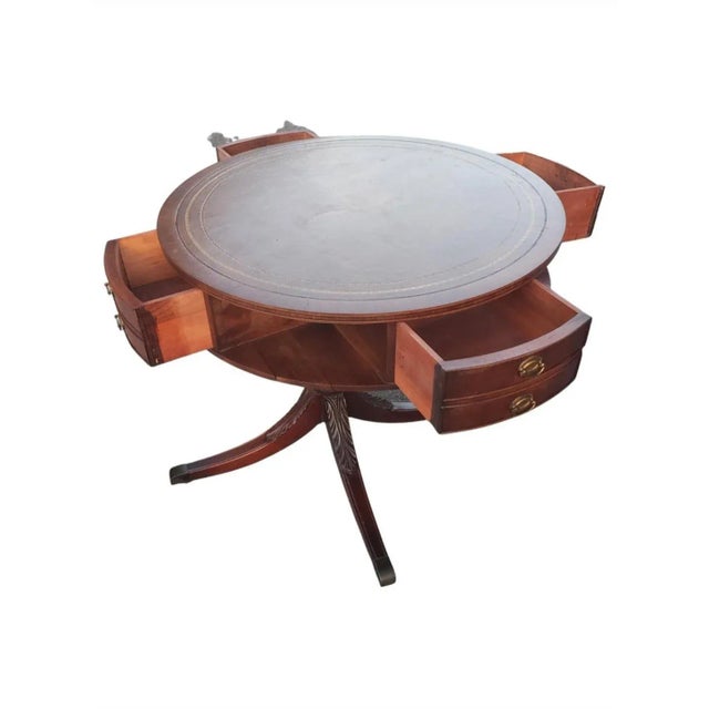 Banded Leather Stenciled Top Double Drum 4-Drawer Mahogany Center Table, C 1940s For Sale - Image 4 of 10