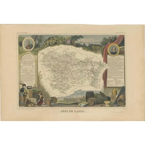 Antique map titled 'Dépt. de l'Aude'. Map of the French department of Aude, France. This area of France is famous for its...