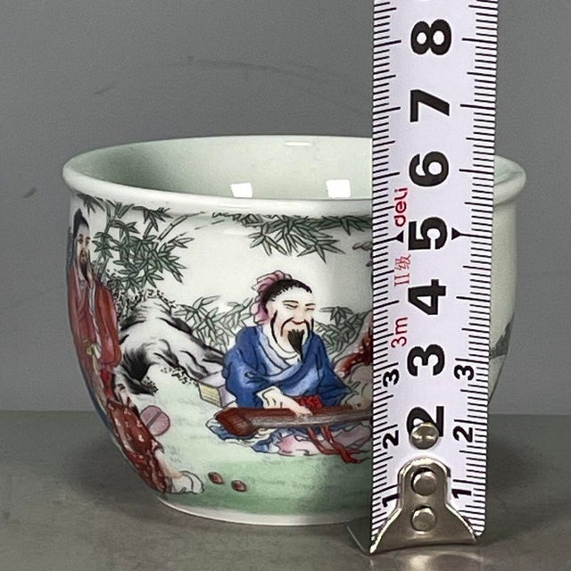 Ceramic Vintage Famille Rose Porcelain Teacup – Seven Sages of the Bamboo Grove Motif, Qianlong Mark For Sale - Image 7 of 9