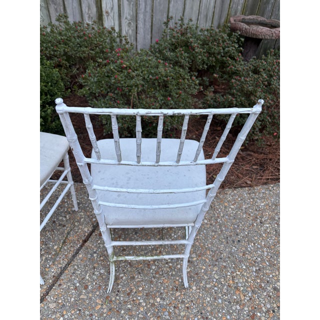 White Vintage Early to Mid Twentieth Century Wrought Iron Faux Bamboo Petite Side Chairs, a Pair For Sale - Image 8 of 10