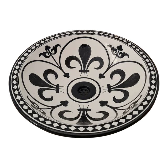 Contemporary Black and White Bathroom Sink with Brass Drain For Sale