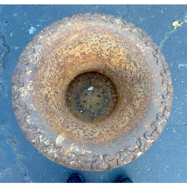 Huge Antique Late Victorian French Heavy Cast Iron Outdoor Planter Urn W/ Handle For Sale - Image 10 of 17
