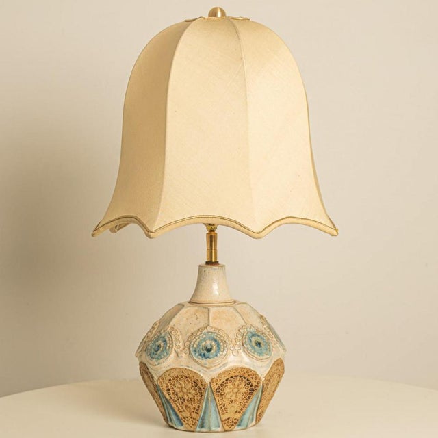 Round Ceramic Table Lamp with Silk Lampshade attributed to René Houben, 1970s For Sale - Image 14 of 15