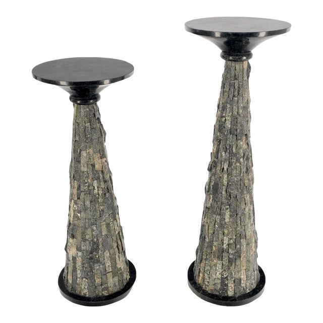 Polished & Rough Stone Tiles Cone Shape Non Matching Pedestals - A Pair For Sale