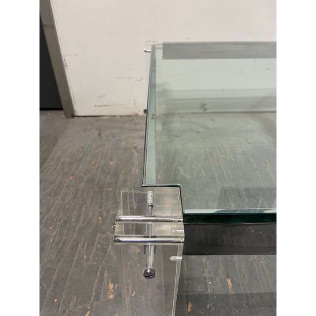 Metal Lucite Coffee Cocktail Table Lug Peg Chrome Square Hollywood Regency Glass For Sale - Image 7 of 10