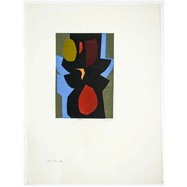 Woodcut by Rockport artist Roger Martin (1925-2015) "Totem" woodblock print on paper, pencil signed, dated 1971, titled...
