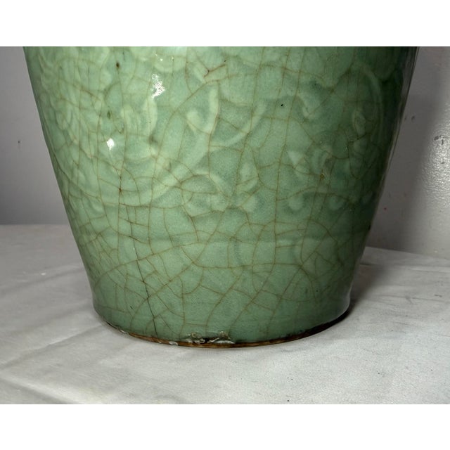 Ceramic Huge Antique 19th Century Qing Dynasty Chinese Relief Green Celadon Pottery Vase For Sale - Image 7 of 11