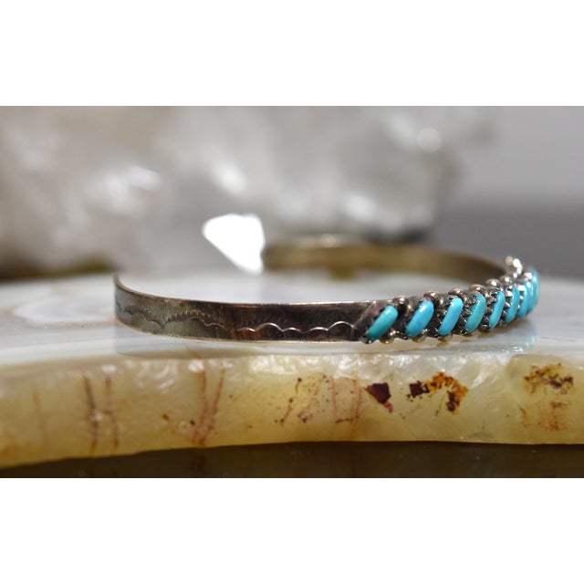 Vintage 1970's Zuni Turquoise Petit Point Sterling Silver Cuff Bracelet For Sale - Image 4 of 18