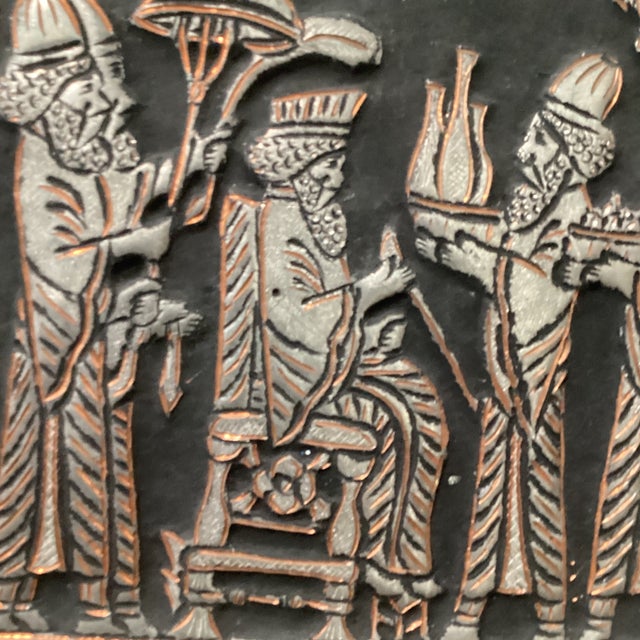 Vintage Persian Ghalamzani Copper Wall Plate Hand-Engraved Scene From Ancient Parsepolis For Sale In Chicago - Image 6 of 12