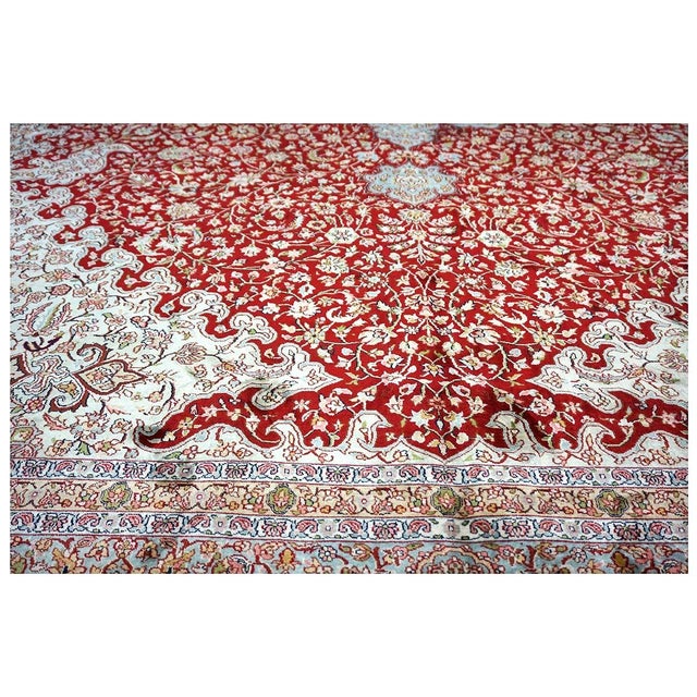 Vintage Kashmiri Tabriz Silk 9x12 Red, Ivory & Light Blue Handmade Area Rug #1144057 For Sale - Image 11 of 15