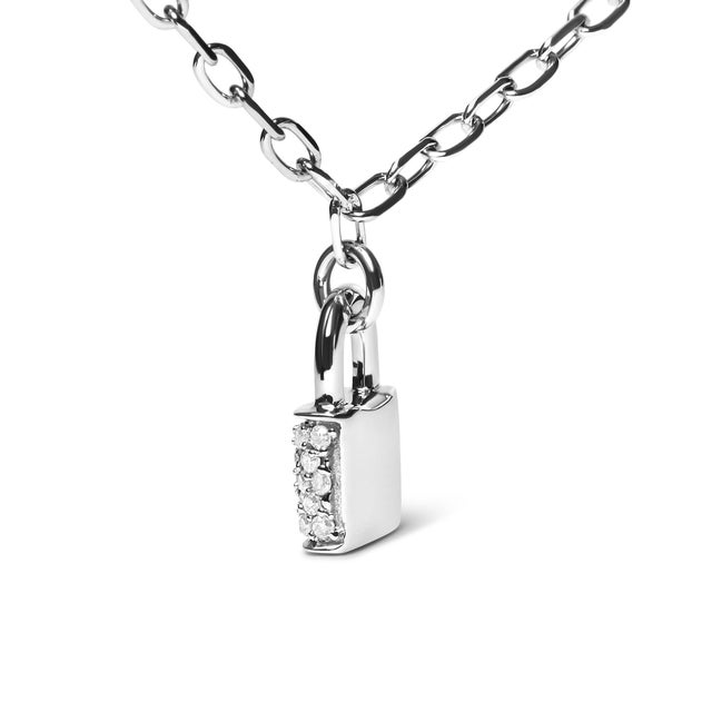 Contemporary .925 Sterling Silver 1/4 Cttw Diamond Lock 16" Pendant Necklace with Paperclip Chain (H-I Color, SI2-I1 Clarity) For Sale - Image 3 of 6