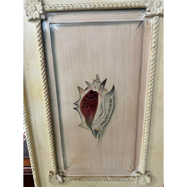 1980s Regency Hand-Painted Four Panel Folding Screens With Shell Motifs - A Pair For Sale - Image 4 of 11