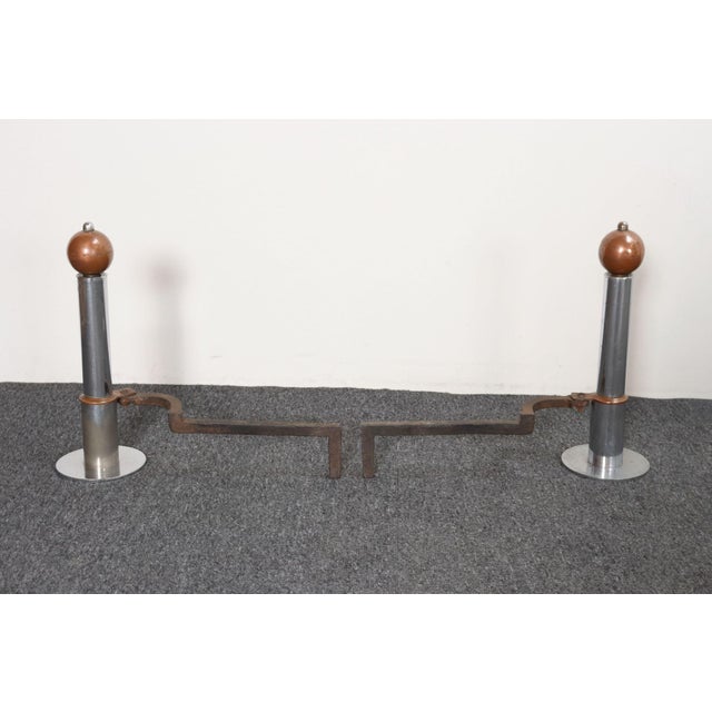 1930s Pair of Art Deco Chrome and Copper Column Form Andirons For Sale - Image 5 of 18