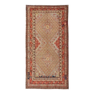 Large Antique Khotan Gallery Rug With Layered Diamond Design in Yellow, Orange, Brown & Gray For Sale