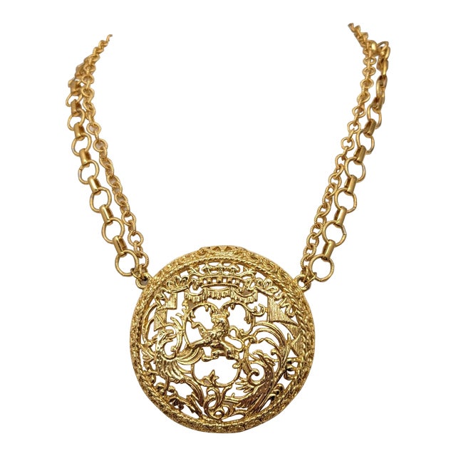 Vintage Signed Napier Goldtone Coat of Arms Pendant Necklace, 1971 Ad Piece For Sale