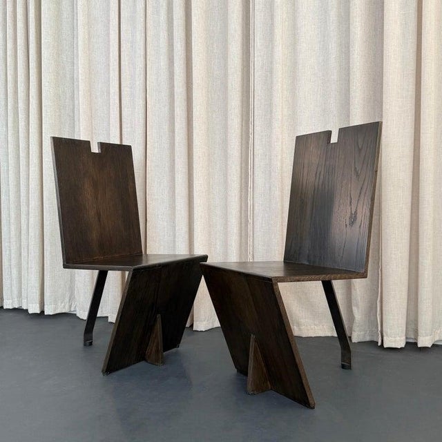 Postmodern 1980s Post Modern Artisan Made Angular Ebonized Oak and Steel Chairs For Sale - Image 3 of 9