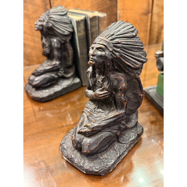 1920s j.l. Lambert Bronze Native Chief Bookends Art Deco Figural Pair For Sale - Image 9 of 14