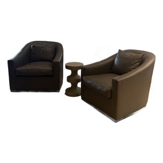 Pair of René Cazares Holly Swivel Chairs Upholstered in South Hampton Charcoal Genuine Leather. For Sale