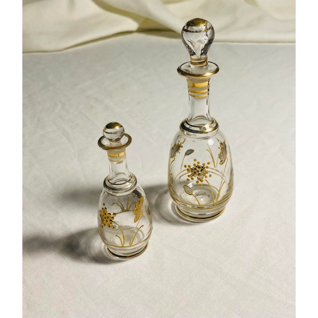 Delicate blown glass perfume bottles floral & stripe gold enamel painting around bottles