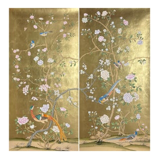 Hand‑Painted Gold Foil Chinoiserie Mural Panels, Exotic Bird & Floral Motifs, Set of 2 For Sale