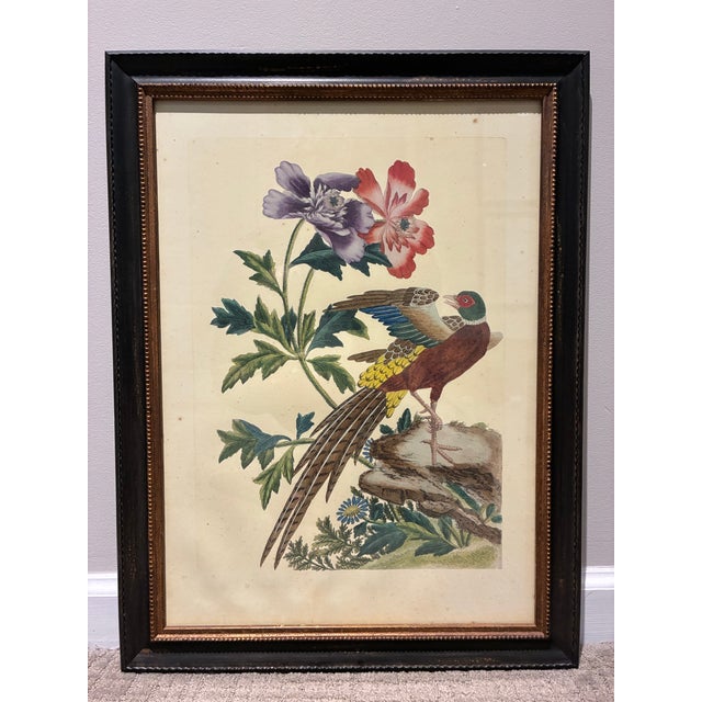 Pair of Vintage Chinoiserie Pheasant & Floral Botanical Prints in Black & Gold Frames For Sale - Image 4 of 9
