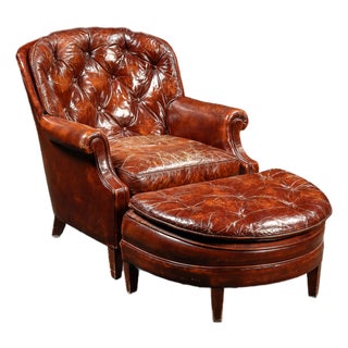 Vintage Tufted Leather Chesterfield Armchair and Ottoman by Hickory Chair For Sale