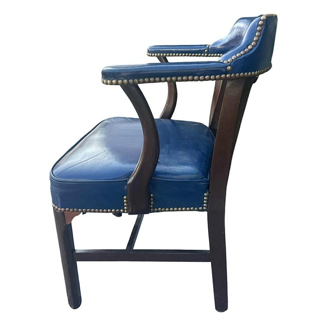English Vintage 1940s Blue Leather and Walnut Grand Ledge Chair Company Club Chairs - Rare Find For Sale - Image 3 of 7