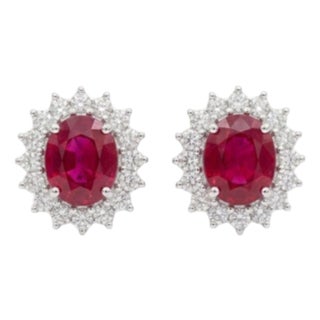 Elegant 18k Gold Diamond 1.93ct & 2.03ct Ruby Stud Earrings, Pair For Sale