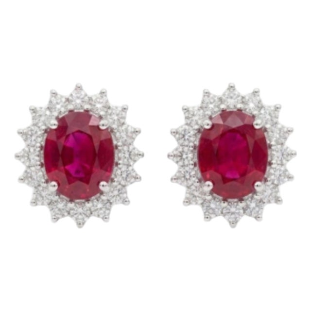 Elegant 18k Gold Diamond 1.93ct & 2.03ct Ruby Stud Earrings, Pair For Sale