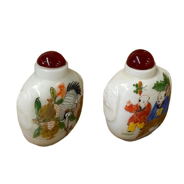 2 X White Glass Print Oriental Kid Crane Graphic Snuff Bottle For Sale - Image 4 of 5