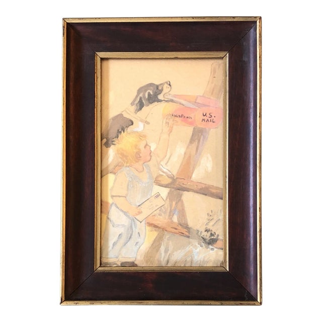 1930’s Original Watercolor Children’s Illustration Painting Vintage Frame For Sale