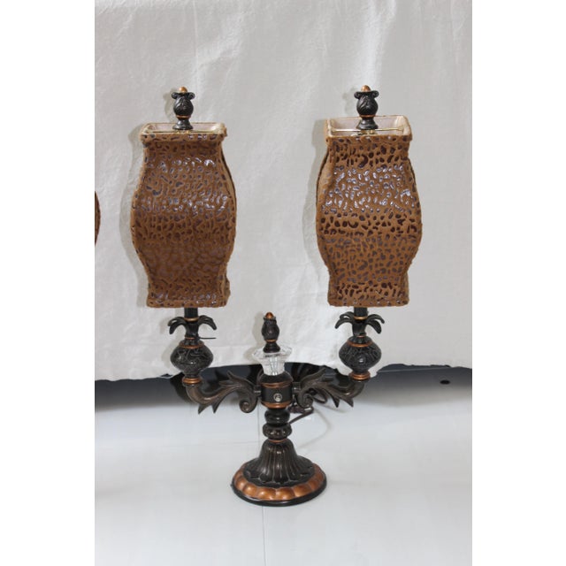 Wildwood Hollywood Regency Candelabra Lamps Cheetah Leopard Shades - a Pair For Sale - Image 4 of 10