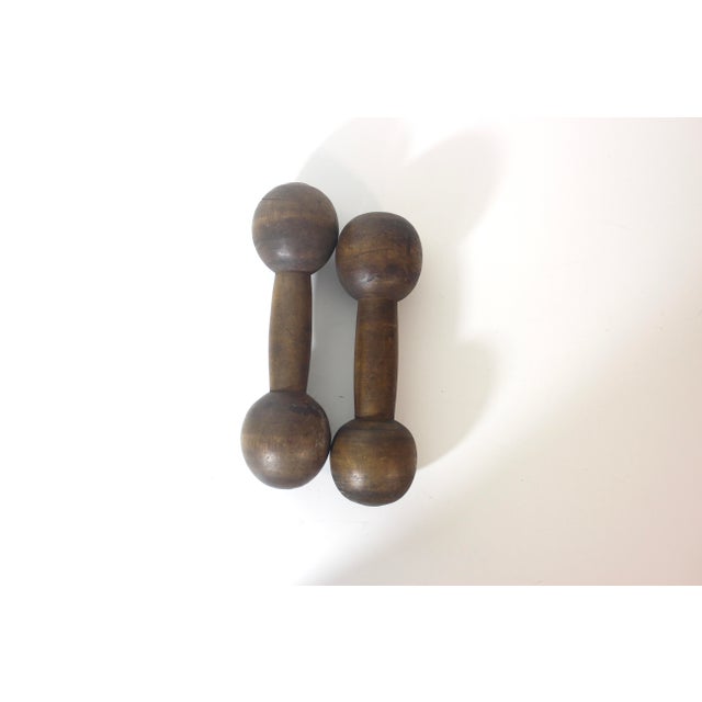 Vintage Wood Hand Weights or Dumbbells Set of Two Sports Equipment Memorabilia Dumb Bells For Sale - Image 4 of 12
