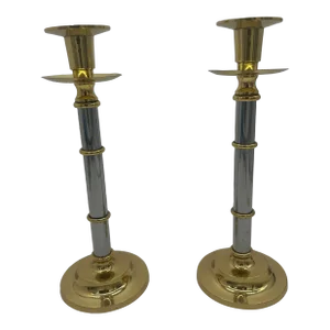 Modern Mixed Metal Chrome and Brass Candlesticks - A Pair
