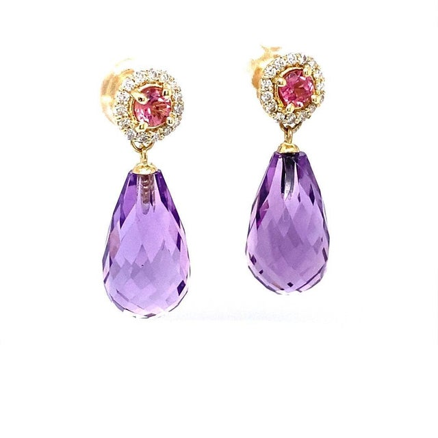 Natural Amethyst Diamond Tourmaline Yellow Gold Drop Earrings, A Pair For Sale - Image 4 of 6