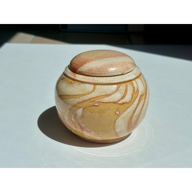 Studio Ceramic Lidded Box with Shino-Inspired Flowing Glaze in Honey, Cream and Iron Red, Germany, 1970s For Sale - Image 14 of 16