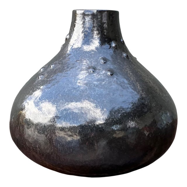 Vintage Black Textured Ceramic Vase For Sale