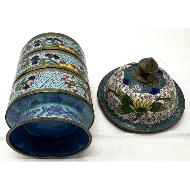 Brass Antique 19th C. Chinese Cloisonné Enamel Stacking Spice Box For Sale - Image 8 of 16