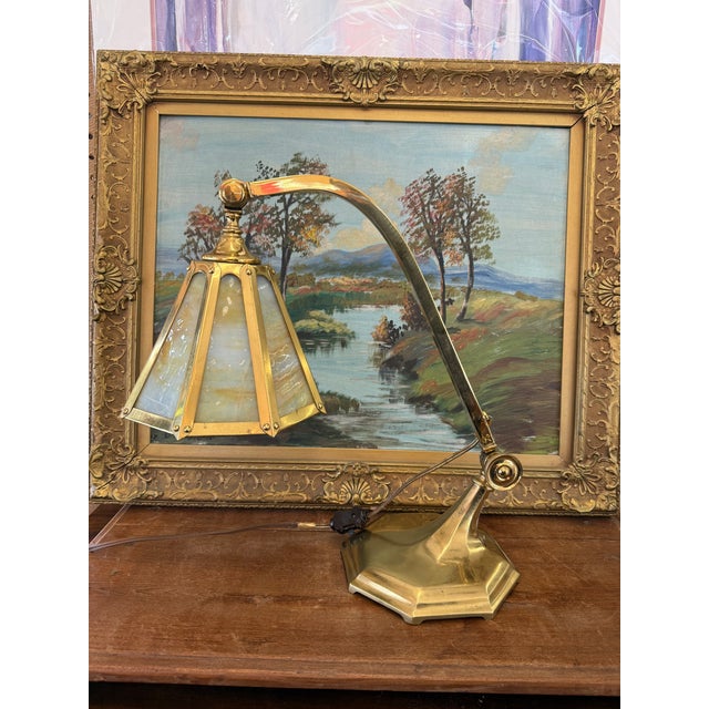 Metal Antique Arts and Crafts Brass and Slag Stained Glass Lamp c.1910 by Salo Metal Arts Company For Sale - Image 7 of 11