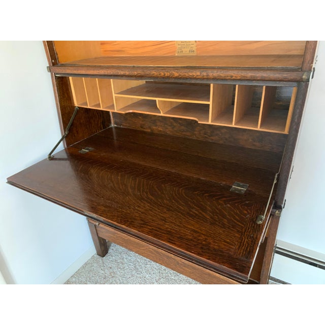Globe Wernicke Antique Globe Wernicke Barrister Bookcase Quartersawn Oak W/ Drop Front Secretary Desk + Leaded Glass For Sale - Image 4 of 18